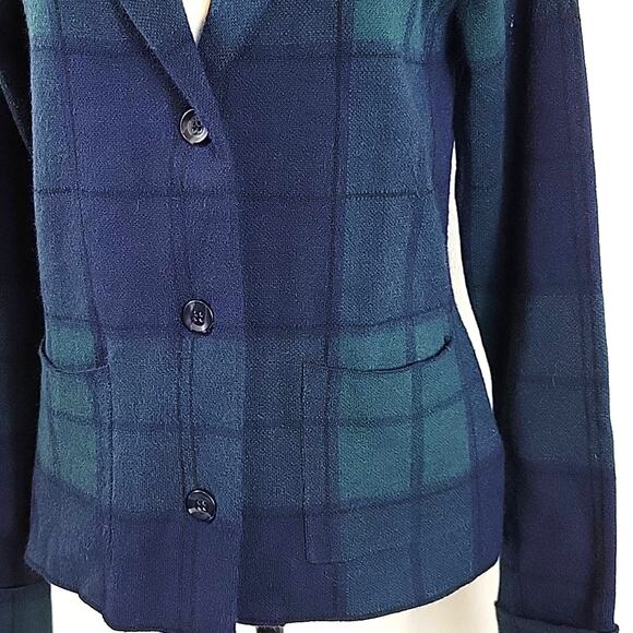 Tahari 3 Button Blazer Jacket Women's M Blue Green Plaid Academia Career Preppy - Picture 3 of 9
